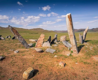 Old deer stones with deer pictures. Bayanhongor Province