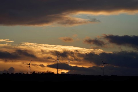 Wind turbines on the heights of the Maifeld in the front Eifel near Muenstermaifeld