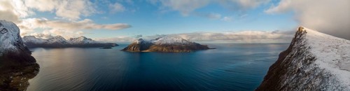 View from Brosmetinden hiking trail across Ersfjord to Sesso Island