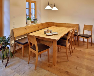 Dining table with corner bench and chairs made of solid wood