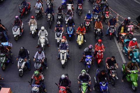 Bird's eye view of scooter riders