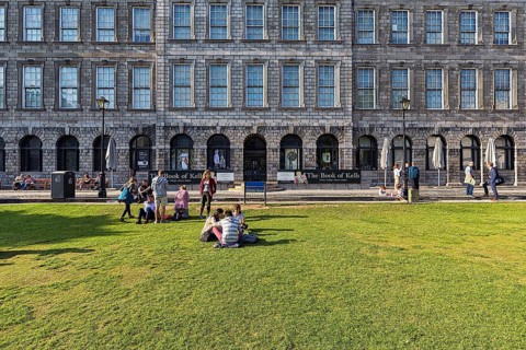 Students on a lawn in front of the library of Trinity College