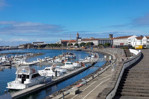 View over the marina and the promenade of Ponta Delgada