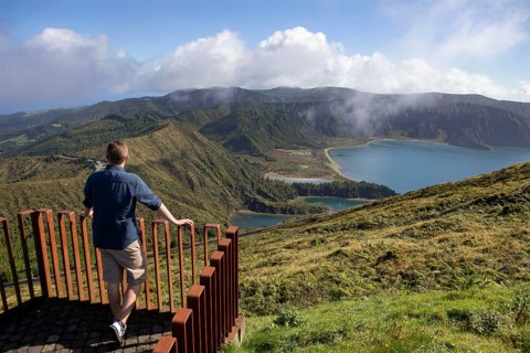 Viewing terrace with view to the crater lake Lagoa do Fogo