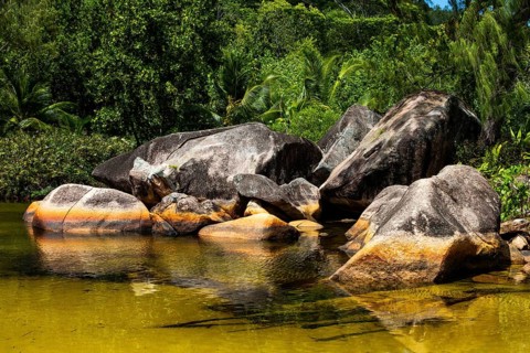 Brackish water behind dream beach with granite rocks and palm trees