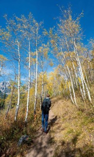 Young man on the hiking trail to Taggart Lake