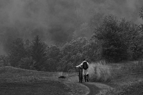 Woman with backpack pushes her bicycle on forest path