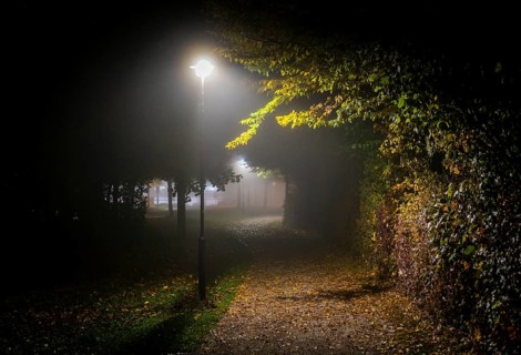 Street lamps illuminate the path in a park in Markt Swabia