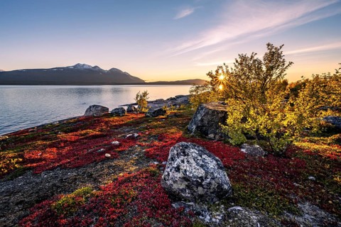 Autumnal fell landscape with lake Akkajaure and mountain range Akka