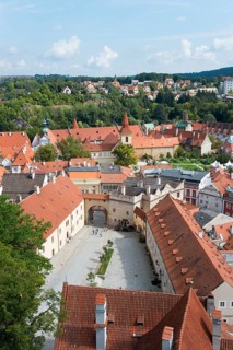 Town view of the old town and chateau courtyard from the chateau tower