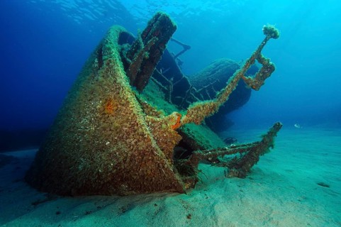 Stern of sunken ship decaying rusting shipwreck Elviscot