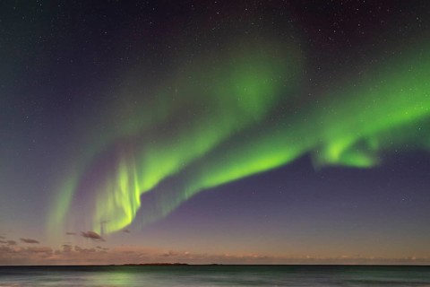 Aurora borealis in winter Scandinavian landscape