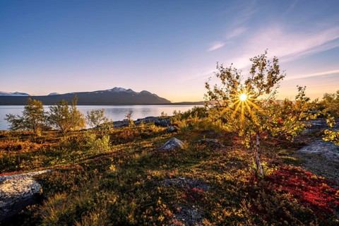 Autumnal fell landscape with lake Akkajaure and mountain range Akka
