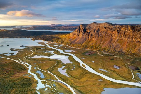 View from Skierffe mountain over the autumnal Rapadalen river delta