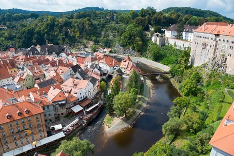 Town view from the castle tower with Vltava River