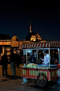 Corn cart at night in front of Hagia Sophia