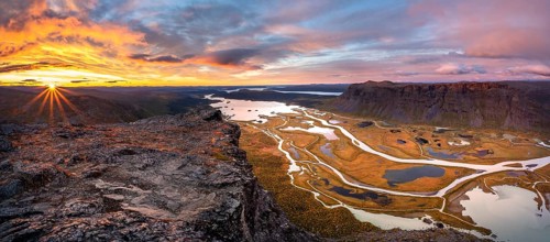 View from Skierffe mountain over the autumnal Rapadalen river delta