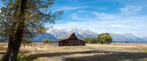 Historic old barn in front of the Teton Range