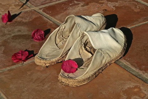 Down trodden espandrillos with leaves of a bougainvilea