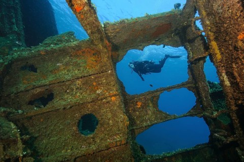 Diver looking into interior of sunken ship decaying rusting shipwreck Elviscot