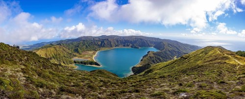 View from the summit of Pico Barrosa to the crater lake Lagoa do Fogo