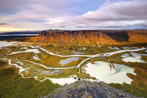 View from Skierffe mountain over the autumnal Rapadalen river delta