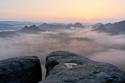 View from Kleiner Winterberg at sunrise View of Lorenzsteine and Hinteres Raubschloss or Winterstein