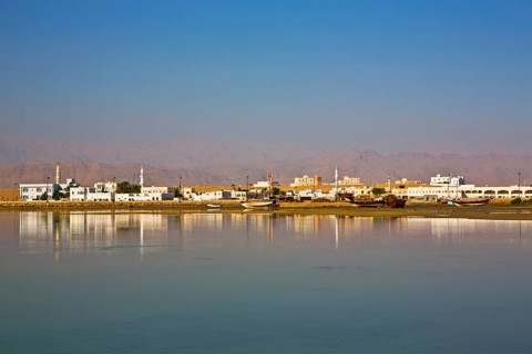 Trcoken-laid dhows against a city backdrop