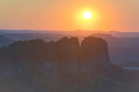 View from Carola Rock over Elbe Sandstone Mountains with Schrammsteine
