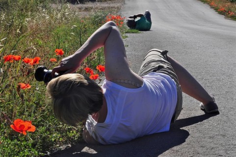 Women lying on the ground photographing poppies
