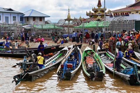 Boats in the main channel of Intha Pile Village Inn Paw Khon