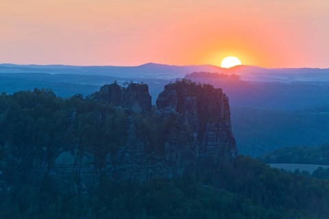 View from Carola Rock over Elbe Sandstone Mountains with Schrammsteine