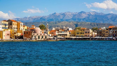 Panorama harbour town of Chania with Janissary Mosque