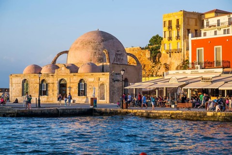 Panorama harbour town of Chania with Janissary Mosque