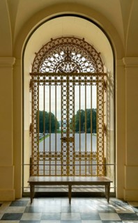 Floor-to-ceiling window with ornate lattice at the New Herrenchiemsee Palace on Herreninsel