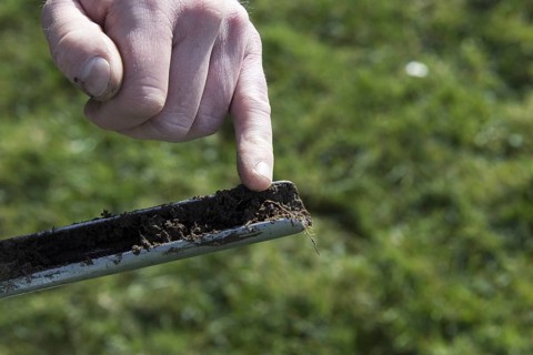 Agricultural expert taking soil samples for testing off a pasture in the Yorkshire Dales