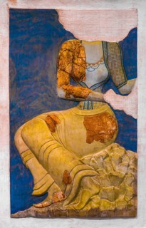 Fragments of a painted plaster relief of a richly dressed female figure