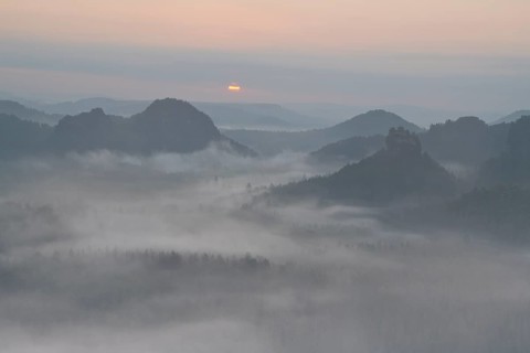 View from Kleiner Winterberg at sunrise View of Lorenzsteine and Hinteres Raubschloss or Winterstein