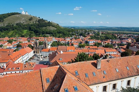 View from the border tower of the chateau to the old town and view to the Holy Mountain Svaty kopecek