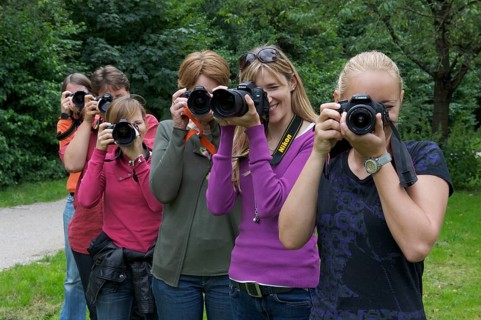 Six photographing woman on a green meadow