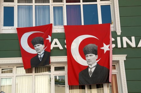 Flags on house facade on the anniversary of the death of the first president Kemal Atatuerk
