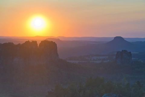 View from Carola Rock over Elbe Sandstone Mountains with Schrammsteine