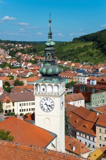 View from the border tower of the chateau to the old town with St. Wenceslas Church