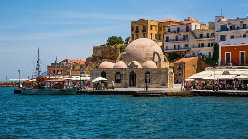 Panorama harbour town of Chania with Janissary Mosque