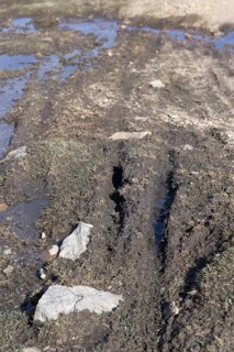 Erosion damage on an upland moor from vehicles and walkers. Swaledale