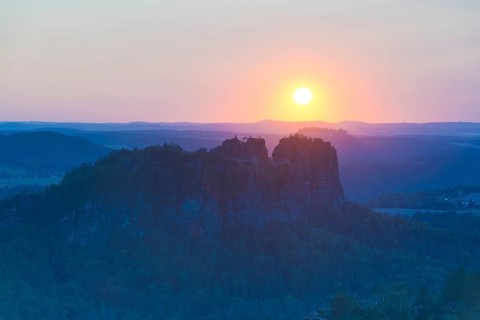 View from Carola Rock over Elbe Sandstone Mountains with Schrammsteine