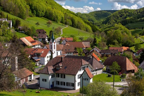 Village view with church and parish hall
