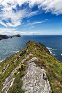 Cliffs with view of the Skellig Islands on the horizon