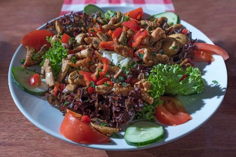 Salad with roasted turkey strips and fresh mushrooms served in a garden restaurant