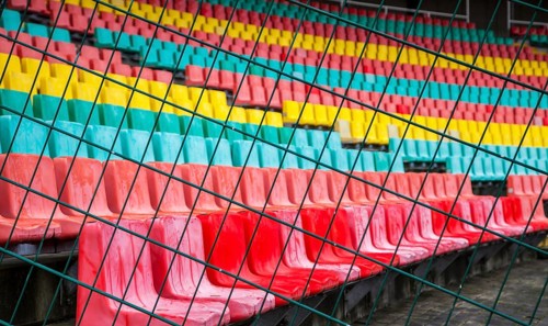 Colourful seats for the spectators at Friedrich Ludwig Jahn Sportpark